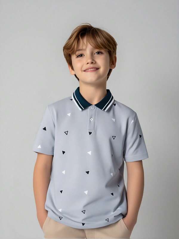 SHEIN Tween Boy Allover Print Polo Shirt, College Style Casual Short Sleeve Top Suitable For Commuting & Leisure Wear
