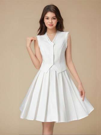 2st tonårsflickor Elegant mode förenklad V-ringad broderi ärmlös monterad asymmetrisk fåll Topp & solid hög midja veckad kjol Set