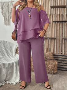 SHEIN Clasi 2 件大码度假休闲纯色不对称上衣和裤子套装 - 紫羅蘭色 - 查看 5