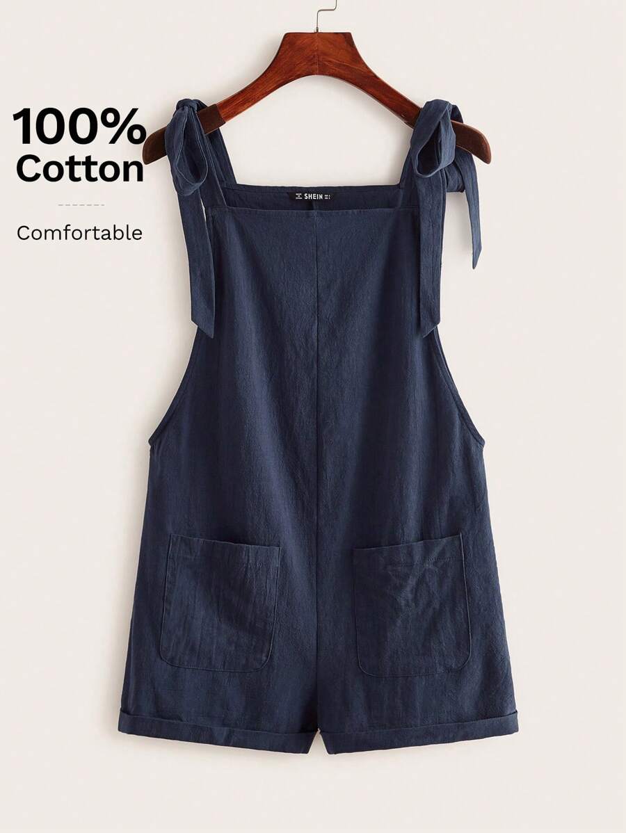 SHEIN EZwear Knot Strap Pocket Patched Pinafore Romper