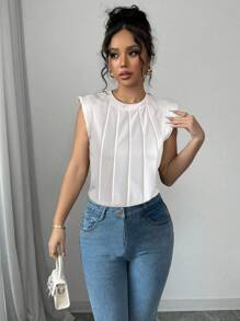 Chiquease Women White Round Neck Ruched Cap Sleeve T-Shirt - White - View 4