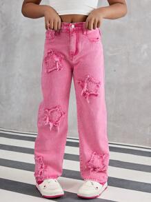 1pc Tween Girls Star Embroidered Straight Leg Jeans, Does Not Include Accessories