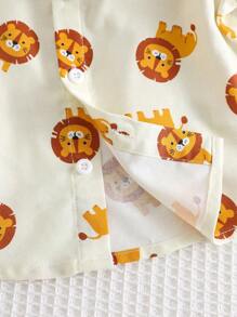 Cozy Pixies 2pcs/Set Baby Boy Cartoon Bear Pattern Lapel Short Sleeve Button-Up Shirt And Bib Shorts Outfit - Khaki - View 3