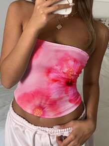 SHEIN EZwear 女士休闲花卉印花抹胸短款上衣，适合夏季