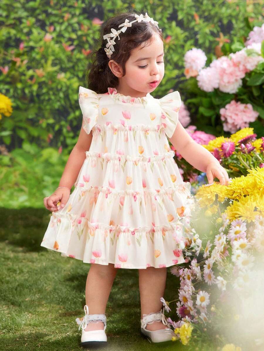 Baby Girl Elegant Floral Print Ruffle Trim Summer Dress - Multicolor - View 1