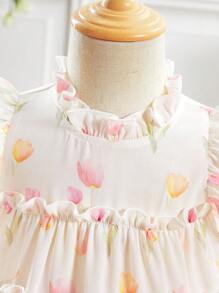 Baby Girl Elegant Floral Print Ruffle Trim Summer Dress - Multicolor - View 3