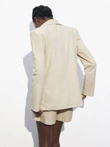 Maija 女款杏色早春休闲宽松翻领垫肩长袖口袋夹克松紧腰前扣拉链斜口袋短裤套装，时尚百搭通勤套装节日 - 卡其色 - 查看 4