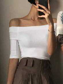 DAZY Áo thun tay ngắn màu trơn hở vai cho nữ, Xuân/Hè - trắng - Xem 6