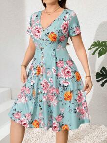 SHEIN Clasi 大码女式纽扣 V 领收腰花卉印花短袖中长连衣裙，适合春季