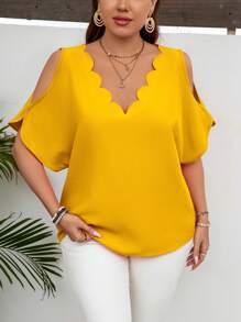 SHEIN LUNE Plus Size Vacation Casual Solid Color Shoulder Cutout Shell Trim Shirt - Yellow - View 3