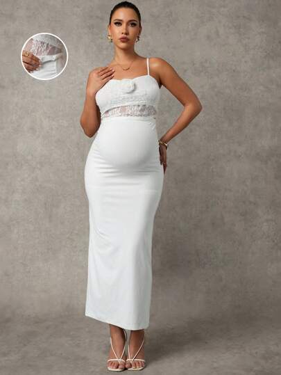 MaterniChic Set de 2 piezas de maternidad - Top sin mangas con decoración floral 3D y falda sólida de cintura ajustable, entallada