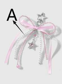 ROMWE Kawaii 1 件甜美优雅时尚手工串珠白色仿珍珠水晶水钻蝴蝶结星月心形吊坠钥匙扣，适合女孩/女士日常佩戴、节日礼物 - 粉色 - 查看 9