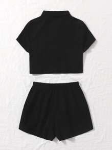 SHEIN EZwear Single Breasted Solid Blouse & Shorts Set