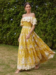 Anewsta 时尚镂空刺绣优雅露肩短袖蕾丝花卉印花连衣裙，适合节日、外出、度假、春季 - 黃色 - 查看 4