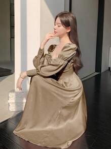 DAZY 女士纯色前系带方领长袖收腰连衣裙、挤奶女工连衣裙、秋季连衣裙 - 棕色 - 查看 4