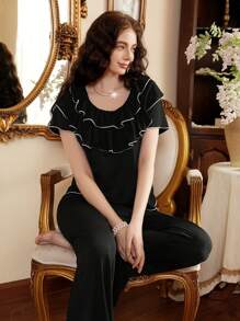 Côtesoire 女士优雅荷叶边撞色边饰网眼家居套装 - 黑色 - 查看 4