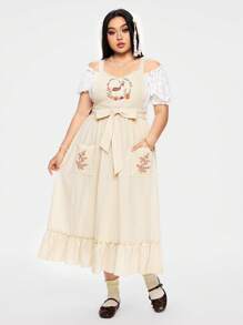 ROMWE Fairycore Women's Pastoral Style Deer Embroidered Apron, Spring/Summer - Green - View 8