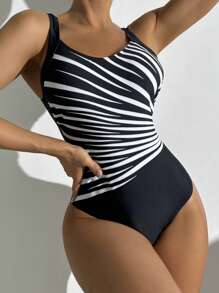 SHEIN Swim 1pc Women's Black & White Striped Graphic Print Round Neck Wide Strap Simple Casual One-Piece Swimsuit For Summer Beach Vacation - Black and White - View 4