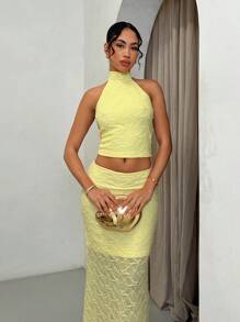 SHEIN BAE Summer Beach Vacation Solid Light Yellow Bow Halter Neck Suit Vest Suit Skirt Suit, Suitable For Daily Dating, Night Out, Nightclubs, Parties, Get-Togethers, Cocktail Parties, Pool Parties, Back-To-School Season Clothes, Back-To-School Season Dresses, Holiday Dresses, Music Festival Clothes, Country Music Festival Clothes, Concert Clothes - Mustard Yellow - View 3