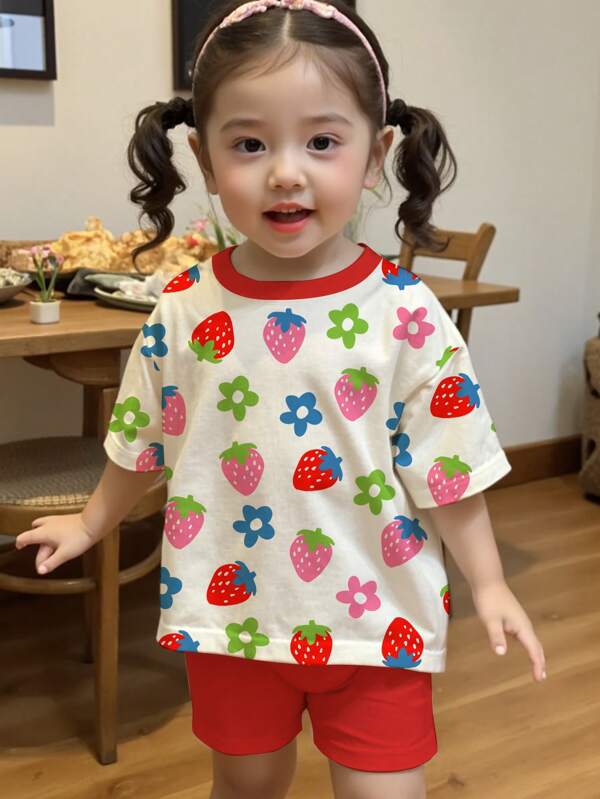 SHEIN Leap Crew Cute Cartoon Strawberry & Floral Print Baby Girl 2pcs Set, Simple Casual Crew Neck Short Sleeve T-Shirt And Leggings Suit, Suitable For Spring/Summer