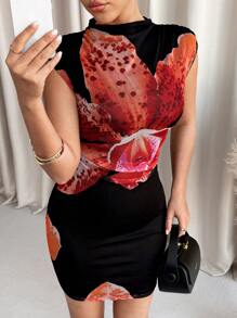 SHEIN Clasi Women's Fashionable Sleeveless Short Floral Print Dress, Spring/Summer - Black - View 1