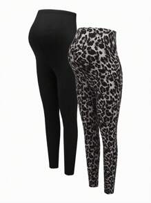 Modmama Set de leggings de maternidad ajustables de punto con estampado negro y de leopardo