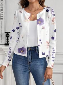 SHEIN Clasi 女式休闲优雅花卉图案开衫夹克，适合春夏季 - 白色 - 查看 5
