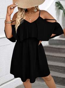 SHEIN LUNE Women's Hollow Out Shoulder Short Sleeve Cinched Waist Slim Fit Dress - Black - View 5