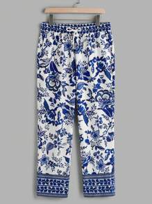 Manfinity VCAY Men Woven Casual Loose Fit Elastic Waist Straight Leg Pants, Fall - Blue - View 5