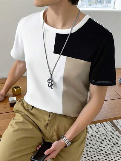 SHEIN Tween Boy Fashion Patchwork Crew Neck Short Sleeve T-Shirt, Casual, Versatile And Comfortable