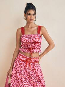 VALERIA GALIPOLI Designer Women's Pink And Red Floral Print Ruffle Bow Detail Wide Strap Cropped Summer Top - Multicolor - View 7