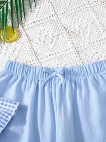 SHEIN Conjunto de 2 piezas para adolescentes con top hombros descubiertos tejido a cuadros y pantalones con cintura elástica - Azul y blanco - Ver 7