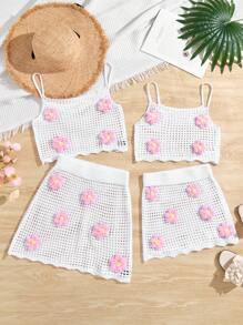 SHEIN Swim Women 2 Pieces Set: Solid White Crochet Hollow-Out Tank Top And Skirt For Summer Beach Vacation - White - View 1