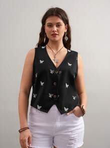 SHEIN LUNE Blusa casual senza maniche con scollo a V e chiusura monopetto, con motivo a farfalla, stile bohémien, adatta per l'estate, per donne di taglia comoda - nero - Visualizzare 1