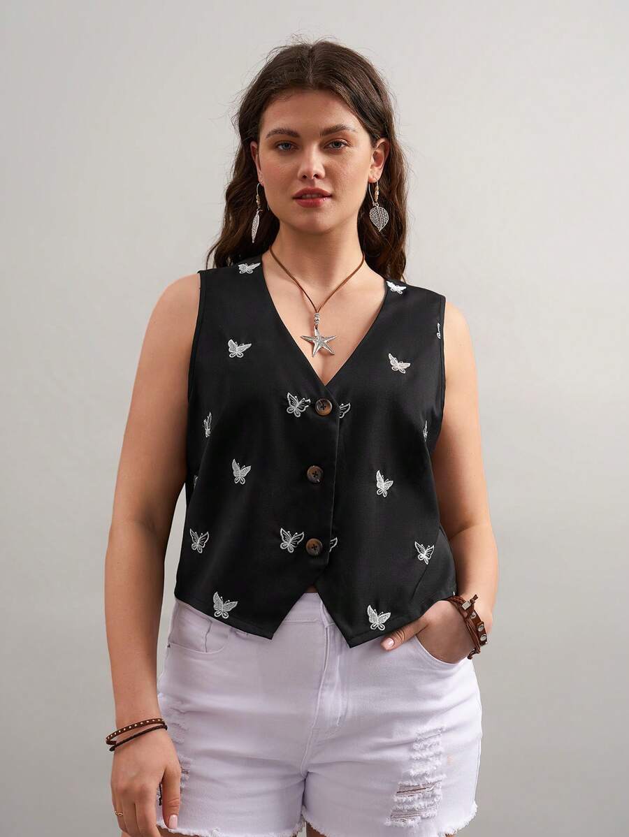 SHEIN LUNE Blusa casual senza maniche con scollo a V e chiusura monopetto, con motivo a farfalla, stile bohémien, adatta per l'estate, per donne di taglia comoda - nero - Visualizzare 1
