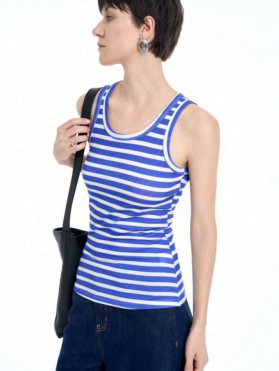 SHEIN Clasi Printed Random Cut Crew Neck Blue & White Striped Slim Fit Stretch Casual Simple Design Tank Top For Women - Blue - View 1