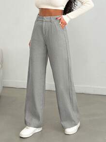 EURMUSE Women Solid Color High Waist Wide Leg Pants - Light Grey - View 3