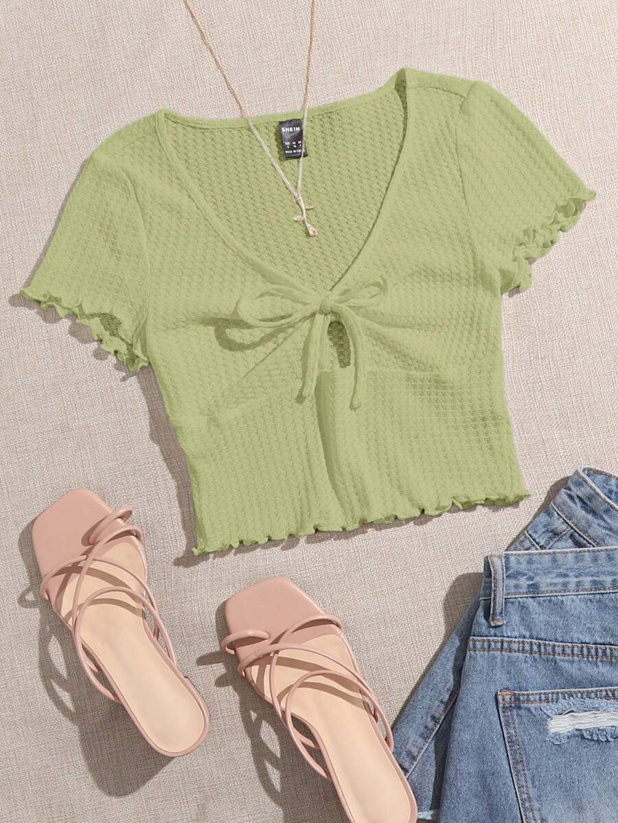 SHEIN EZwear Áo thun tay ngắn cổ chữ V dệt kim kiểu bánh quế viền xoăn Lettuce Trim Knot phía trước - Màu xanh chanh - Xem 1