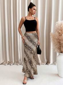 SHEIN Clasi Women's Elegant Snake Skin Print Skirt, Spring/Summer - Khaki - View 7