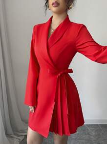 Elenzga 红色优雅女士中长连衣裙，披肩领长袖，系腰，褶皱，通勤时尚，适合节日和情人节 - 紅色 - 查看 6