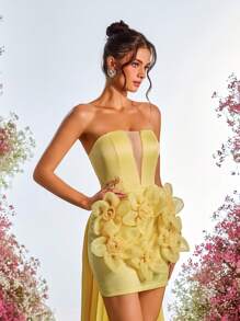 SHEIN Belle Elegant, Romantic, Sexy, Yellow, Satin, Strapless Tube Three-Dimensional Floral Dress, Back Strap Adjustment, Back Drop, Tail Wedding Guest Dress, Vacation, Wedding Event, Graduation, Date, Birthday, Prom, Cocktail Dress, Party Dress,Graduation,Graduation Dresses For Women,Back To School Dress