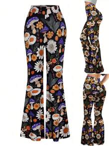 SHEIN LUNE Plus Size Women Plant Floral Print Figure-Hugging Flared Pants