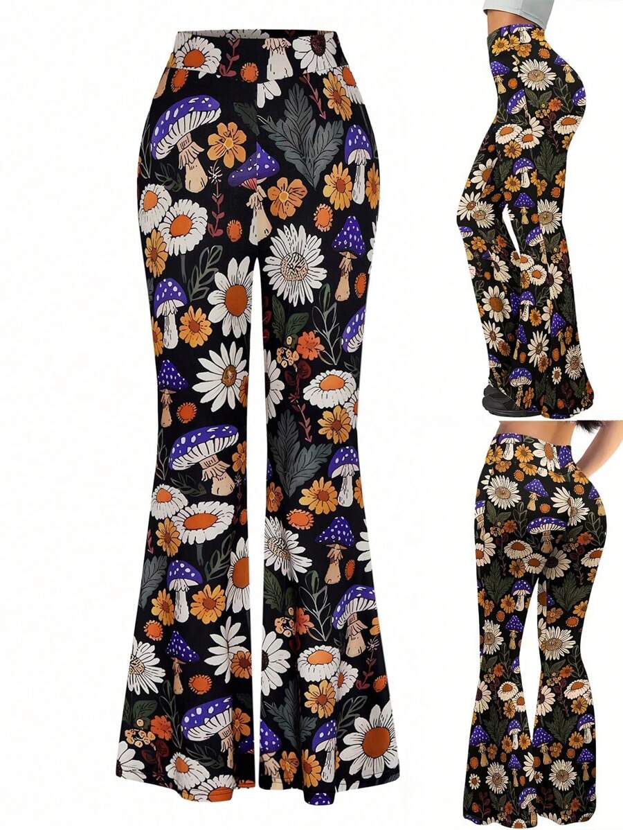 SHEIN LUNE Plus Size Women Plant Floral Print Figure-Hugging Flared Pants