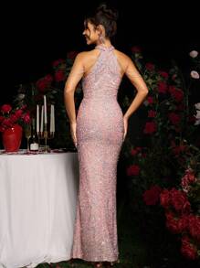 Coutiva Women Elegant Sequin And Rhinestone Chain Decorated Halter Neck Mermaid Evening Gown, Luxury Evening Long Dress, For Music Festival Spring/Summer, Party Dress, Wedding Guest Dress, Formal Dress - Baby Pink - View 2