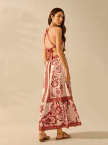 CAJUNI Vestido largo de verano casual con estampado floral tropical bohemio, escote halter, espalda abierta con cordón en la cintura, ideal para playa y vacaciones