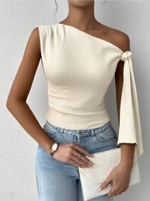 Firerie Women's Spring Elegant Romantic Asymmetrical Neck Fashionable Commuter Sexy Elegant Style Top, Suitable For Party, Vacation, Romantic Date And Wedding Birthday Dress, Knit Texture Cross Shoulder Straps Fitted Apricot T-Shirt - Apricot - View 2