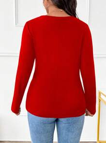 Calvaya Plus Size Women's Zipper Hollow Design Slim Fit Long Sleeve Basic T-Shirt For Spring - Red - View 2