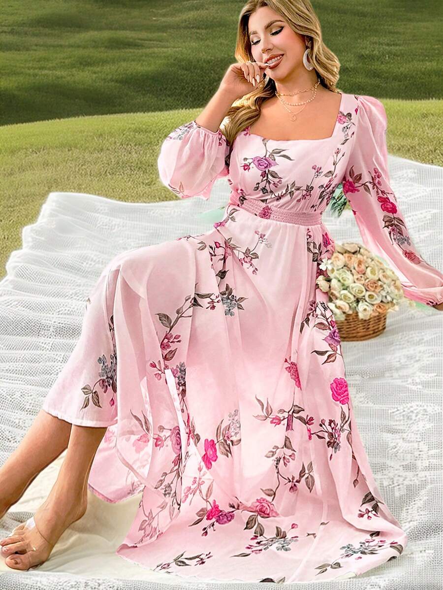 SHEIN Clasi 大码优雅玫瑰印花雪纺腰褶灯笼袖连衣裙，适合春秋季节、情人节