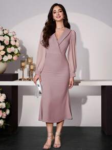Modelyn Damen entworfenes Mini-Kleid mit Mandarinkragen und Laternenärmeln mit Schlitz - Pink - Übersicht 3