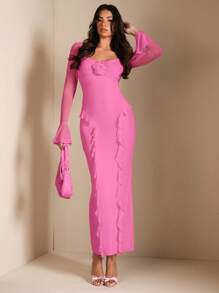 SHEIN BAE Elegant Women's Dress With 3D Floral Decor, Ruffled Hem, Sweet Pink Color, Suitable For Spring, Summer, Everyday, Dating, Outing, Party - Pink - View 7